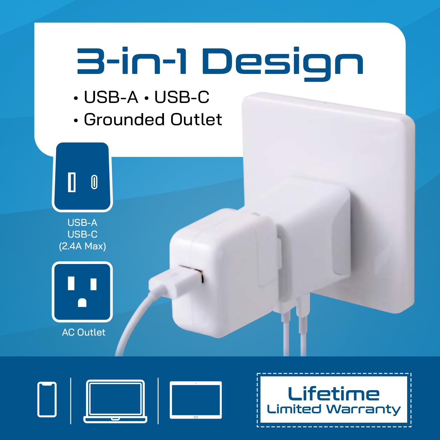 Ceptics USA au Japon, Philippines Adaptateur de Voyage Prise avec Double USB – Type A – Ultra Compact