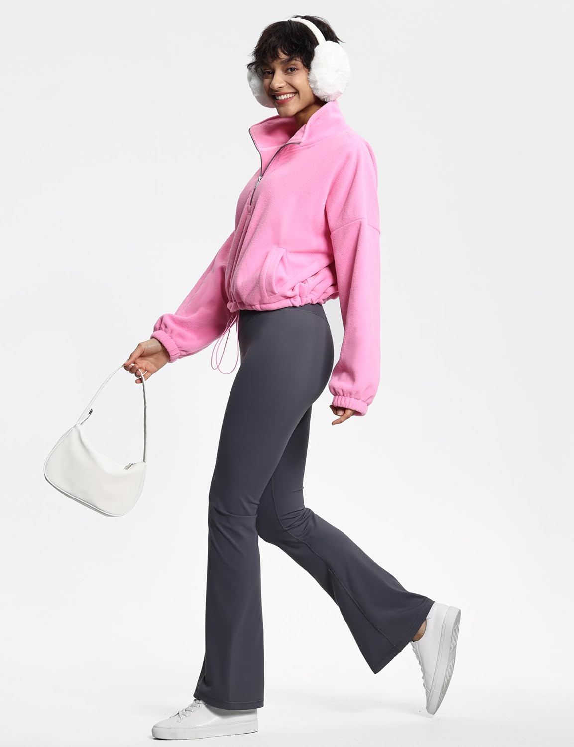 THE GYM PEOPLE Women’s Half Zip Crop Pullover Sweatshirt Fleece Loose Fit Workout Tops with Pockets Drawstring Hem - Image 4