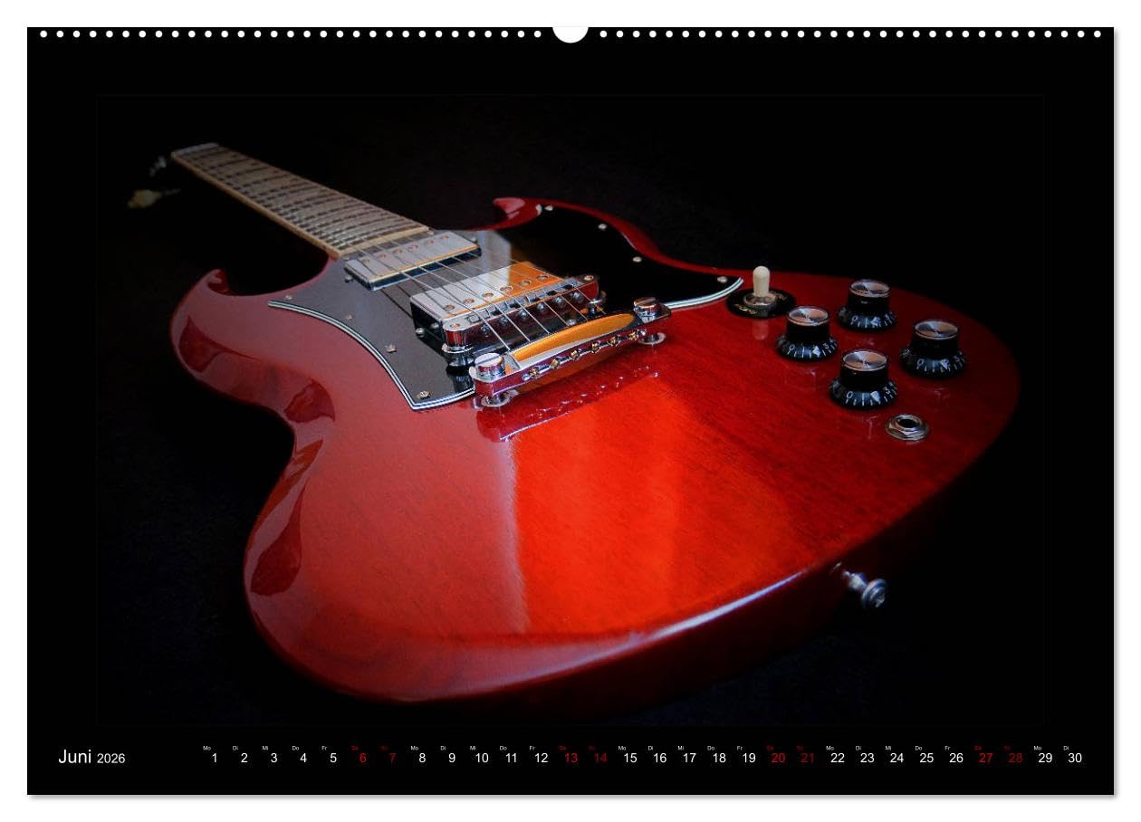 Rockgitarren im Blitzlicht (hochwertiger Premium Wandkalender 2026 DIN A2 quer), Kunstdruck in Hochglanz: Gitarrenschönheiten auf schwarzem Hintergrund eindrucksvoll in Szene gesetzt (CALVENDO Kunst)
