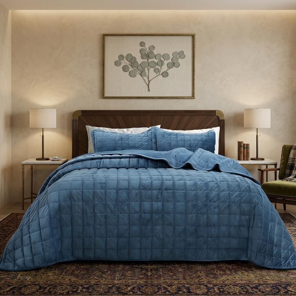 Velvet Quilt King Size, Luxury Soft Bedding Set, Lightweight Cozy Warm Quilted 3-Piece Velvet Coverlet Bedspread Set with 2 Pillow Shams for All Season, Blue