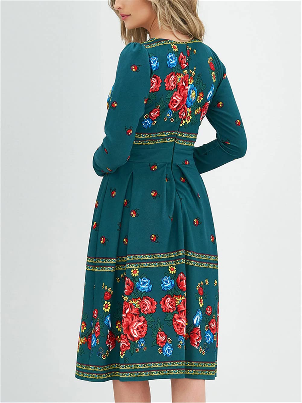 Youllyuu Vestidos de trabajo ajustados con cuello redondo y manga larga con estampado floral para mujer, vestidos casuales midi