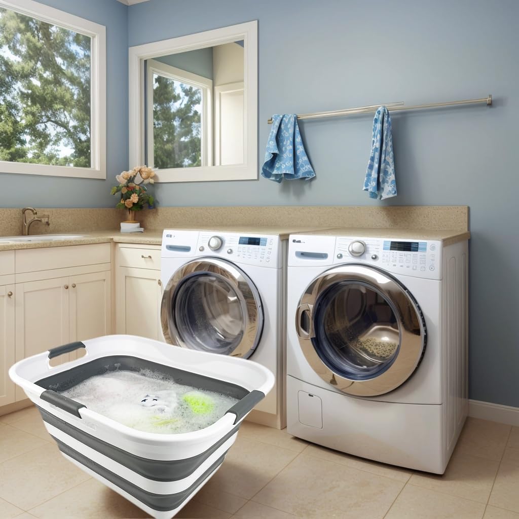 SAMMART Collapsible Plastic Laundry Basket Washing Tub Foldable Pop Up Storage Container-Space Saving/Portable Laundry Hamper. Ideal for Home, Travel, Dorm, and Camping (White/Steel Grey, 30L)