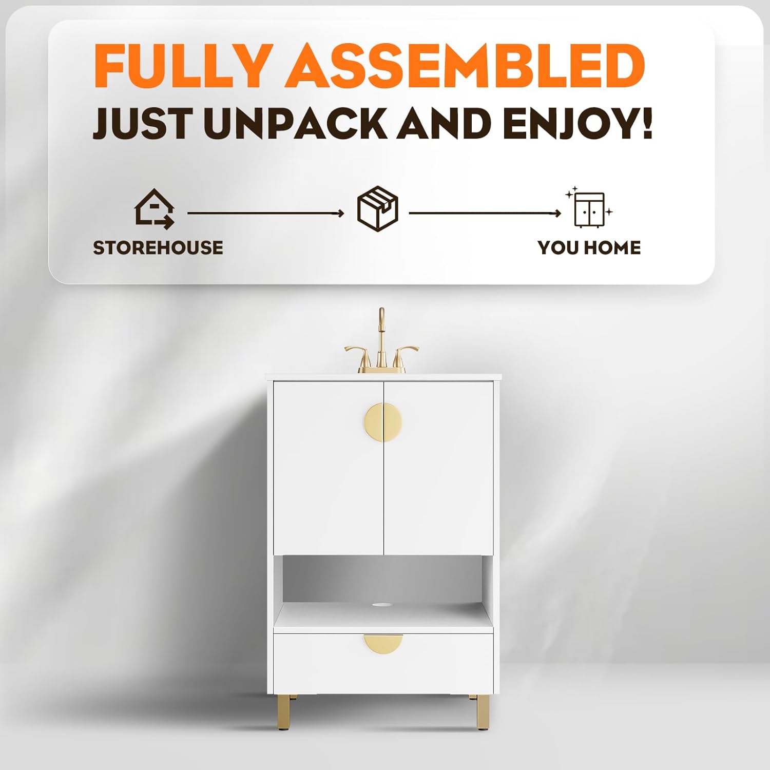 phiestina Fully Assembled 24 Inch White Modern Bathroom Vanity with Sink, Free Stading Vanity Cabinet for Bathroom with 2 Doors and 1 Drawer,Faucet Not Included,YMS02-24-WHITE-JH