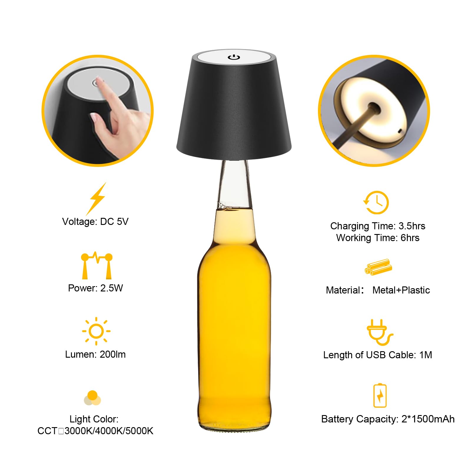 Lámpara Para Botella LED Recargable – Sin Cables, 3 Tonos De Luz + RGB, Brillo Ajustable, IP54, Ideal Para Decoración Y Ambiente