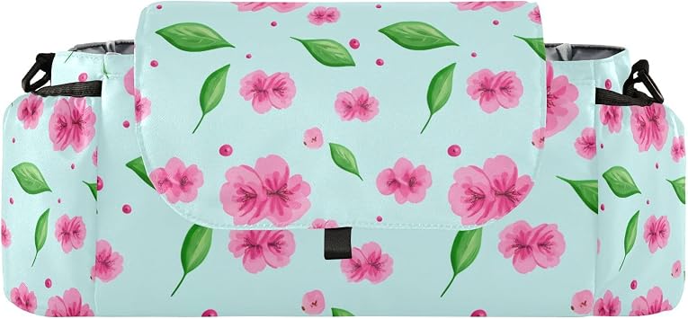 Baby Stroller Bag Pink Flowers Stroller Caddy Organizer Bag with Adjustable Straps Non-slip Hook Large Storage for Strollers