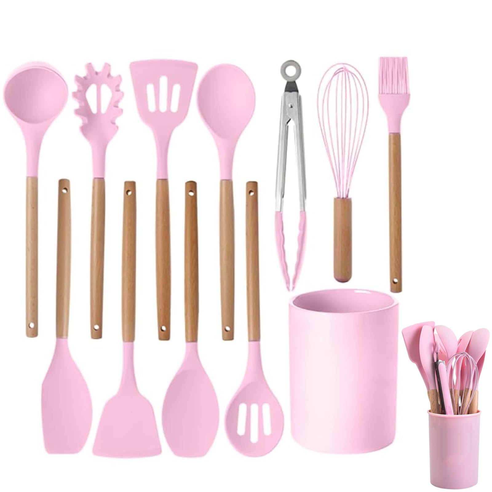 12-Piece Silicone Kitchen Utensil Set with Wooden Handles, Heat-Resistant, Nonstick Cooking Tools Set with Tongs, Spatula, Spoons & Holder, Dishwasher Safe Best Kitchen Gadgets (Pink, One Size)