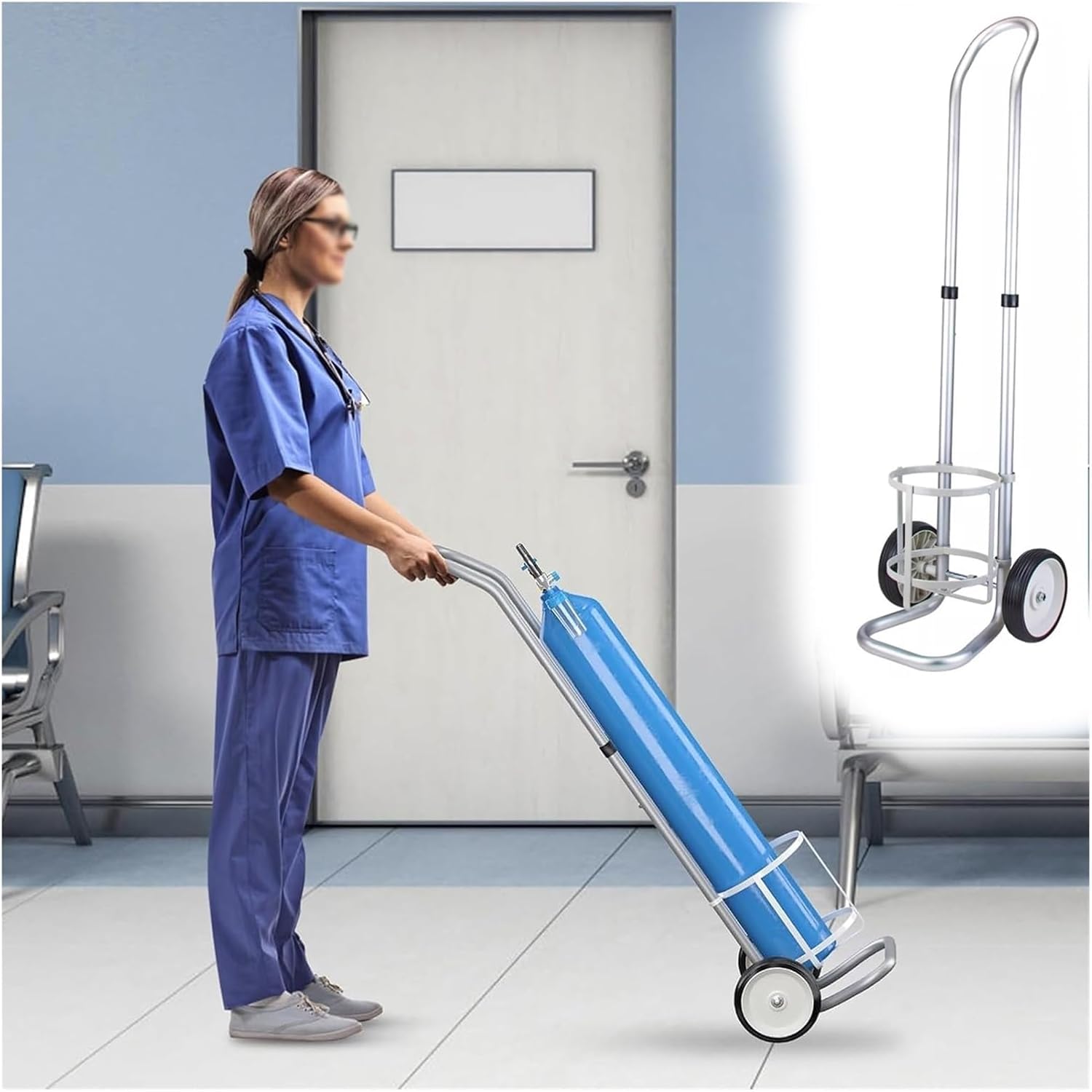 Chariot de réservoir d'oxygène réglable en aluminium de 2 à 15 L avec 2 roues robustes argent