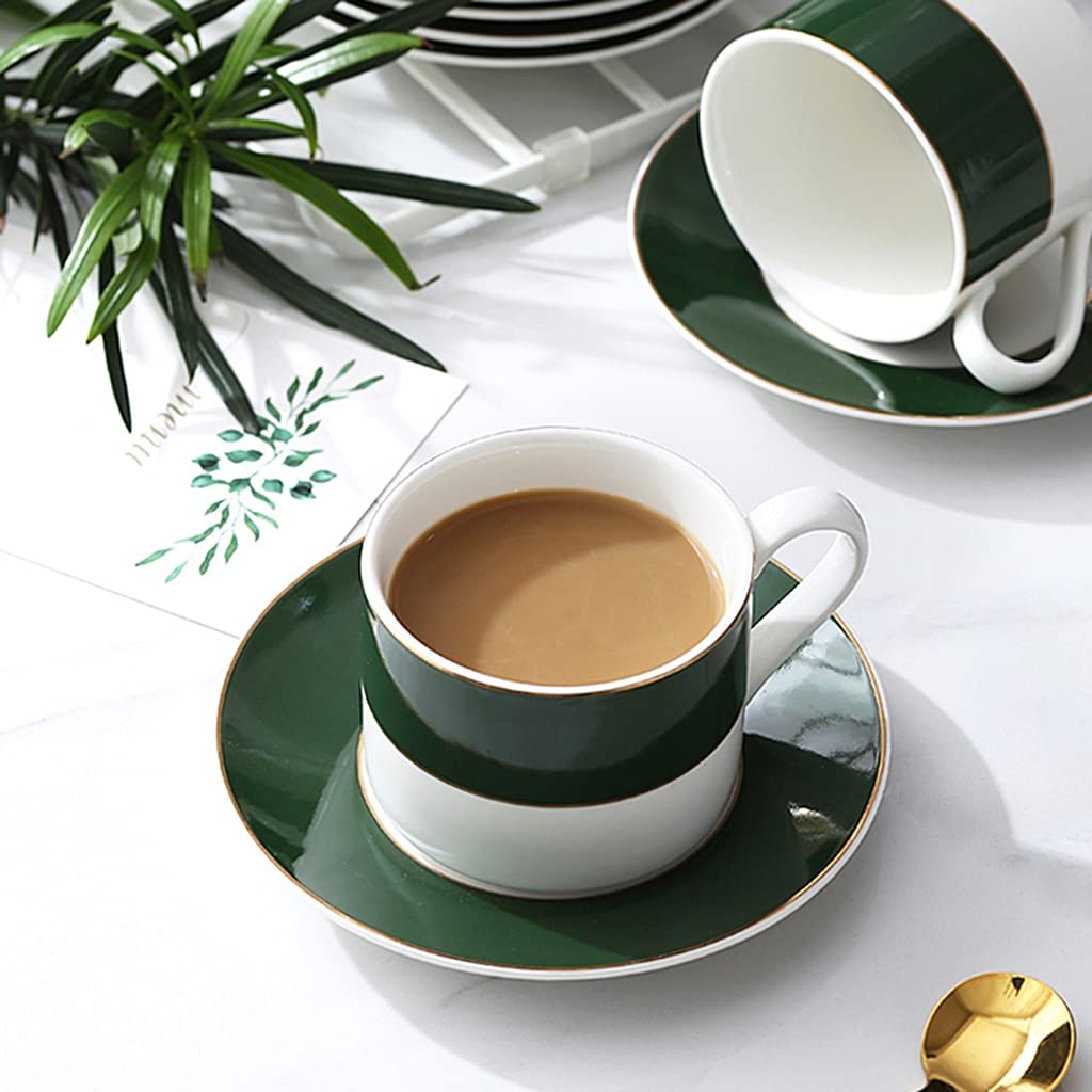 Juego de Tazas de té, Tazas de té y platillos, Juegos de 4 Tazas de Espresso con Detalles Dorados, Tazas de café de Porcelana de 7 oz con platillos y cucharas