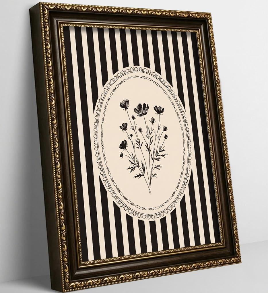 Vintage Gold Framed Floral Wall Art, Stripes Flower Canvas Prints, Antique Botanical Floral Wall Decor, Sketch Plant Orchid Poster Artwork for Living Room Office Bedroom Home Decor, 9x11in