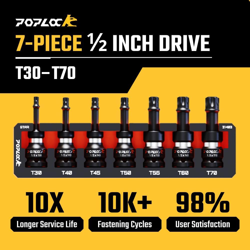 Poplock Impact Driver Set | 7-Piece ½ inch Drive Star Bit Set (T30–T70) | 75mm Long Impact Driver Bit Set with 6-Lobed Allen Tips for Torx Fasteners T30 T40 T45 T50 T55 T60 T70