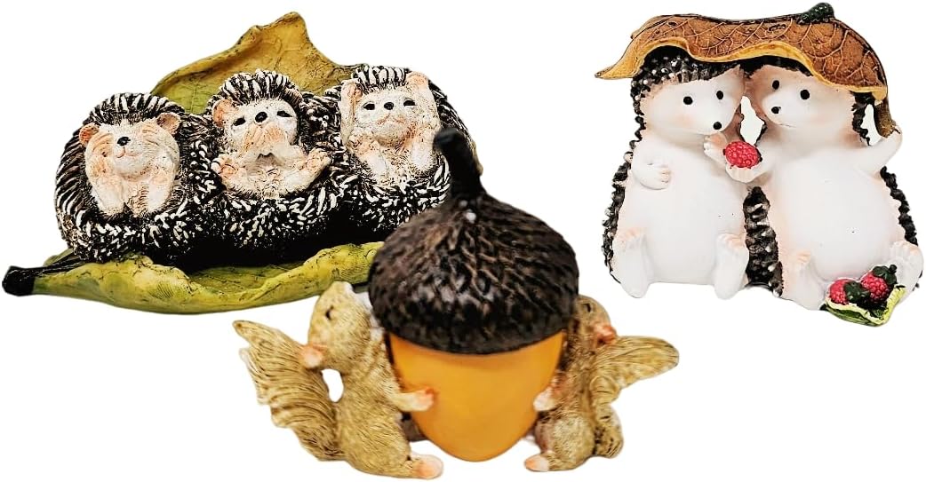 Set of 3 Resin Figurines Hedgehogs and Squirrels Garden Mini Outdoor Statues for Patio, Balcony, Yard Ornament Porch Sculpture - Miniature Forest Encounters Housewarming Gifts