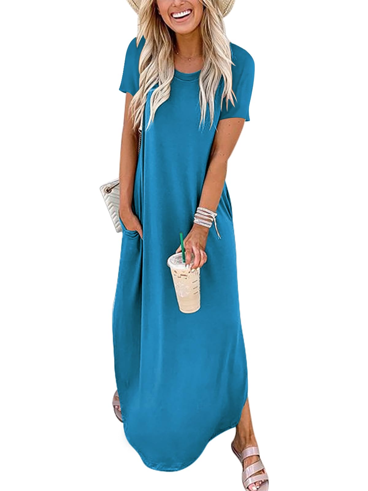 Womens Summer Maxi Dress Short Sleeve Casual Sundress with Pockets