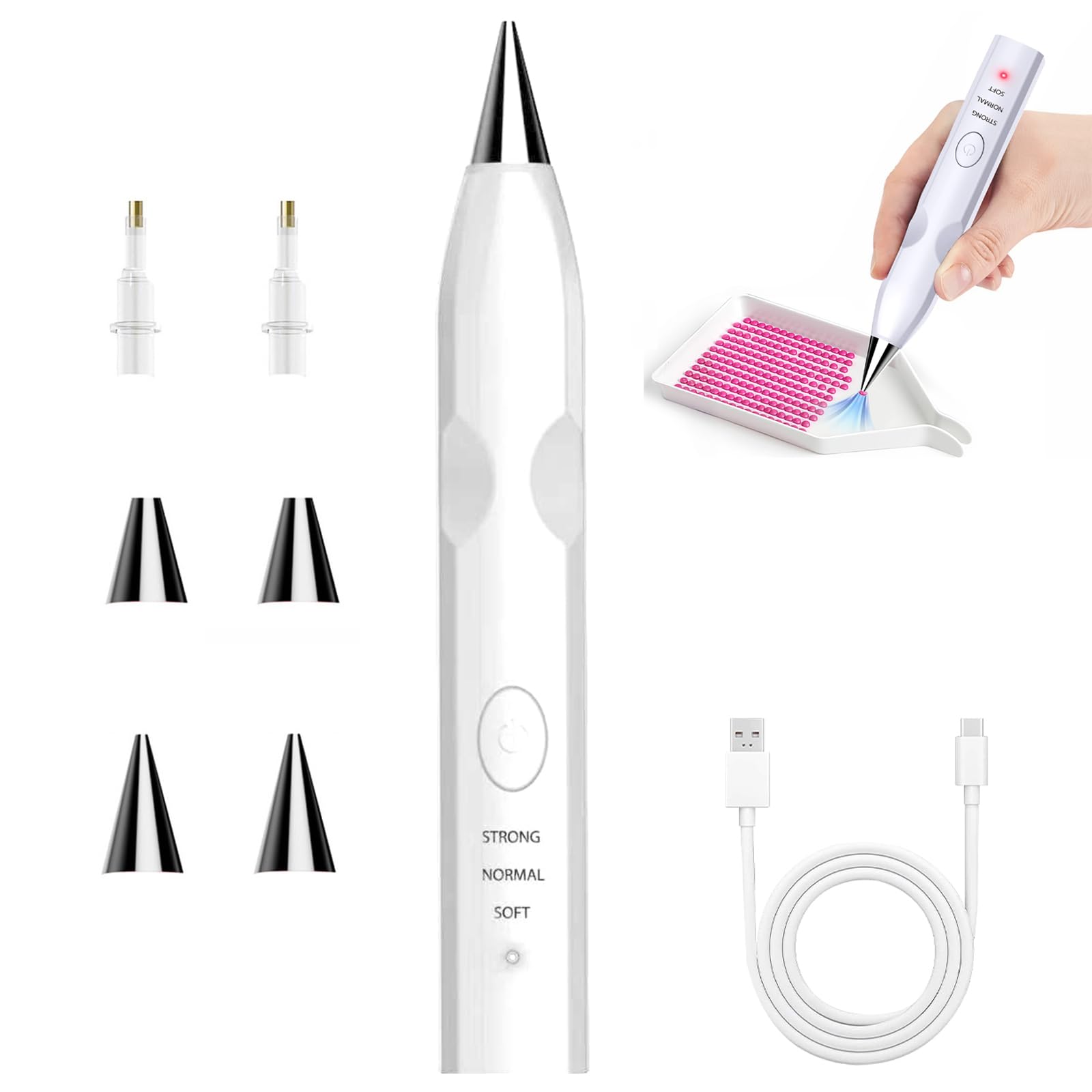 Electric Diamond Painting Pen. No-Wax Vacuum Pickup, Interchangeable Tips,USB-C Rechargeable Cordless Diamond Art Tool with Low-Noise, 2 Suction Levels for Serious Diamond Painting Lovers.(White)
