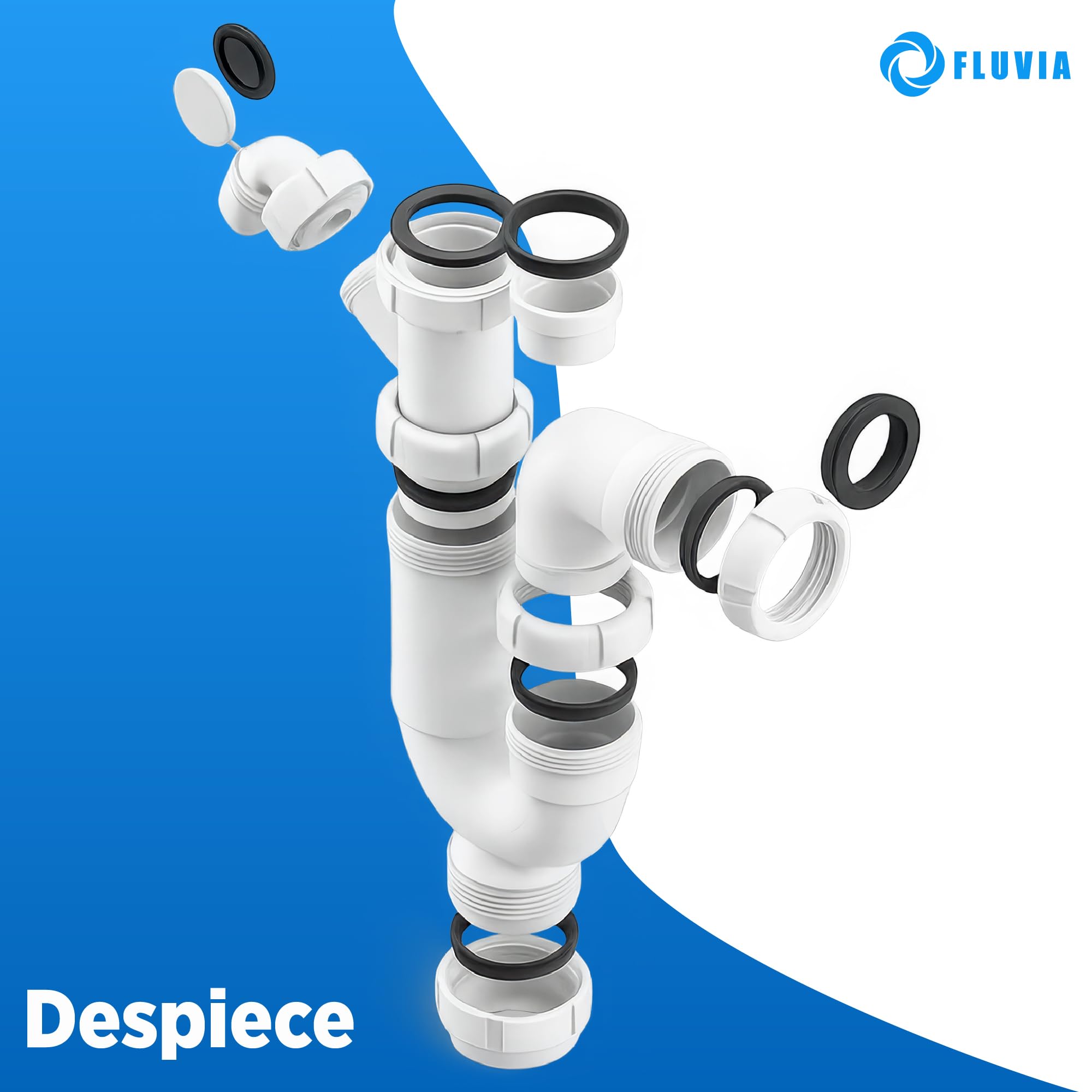Sifon Curvo Extensible para Fregadero con Toma Lavadora y Lavavajillas de 20 mm con Racor 1 1/2 y Salida 40 mm con Reduccion 32 mm Ajustable 27 5 a 33 cm Antiolor Antifugas Polipropileno FLUVIA