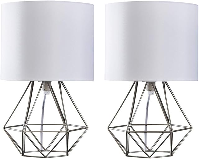 MiniSun Pair of Modern Brushed Chrome Metal Basket Cage Bed Side Table Lamps with White Fabric Shades