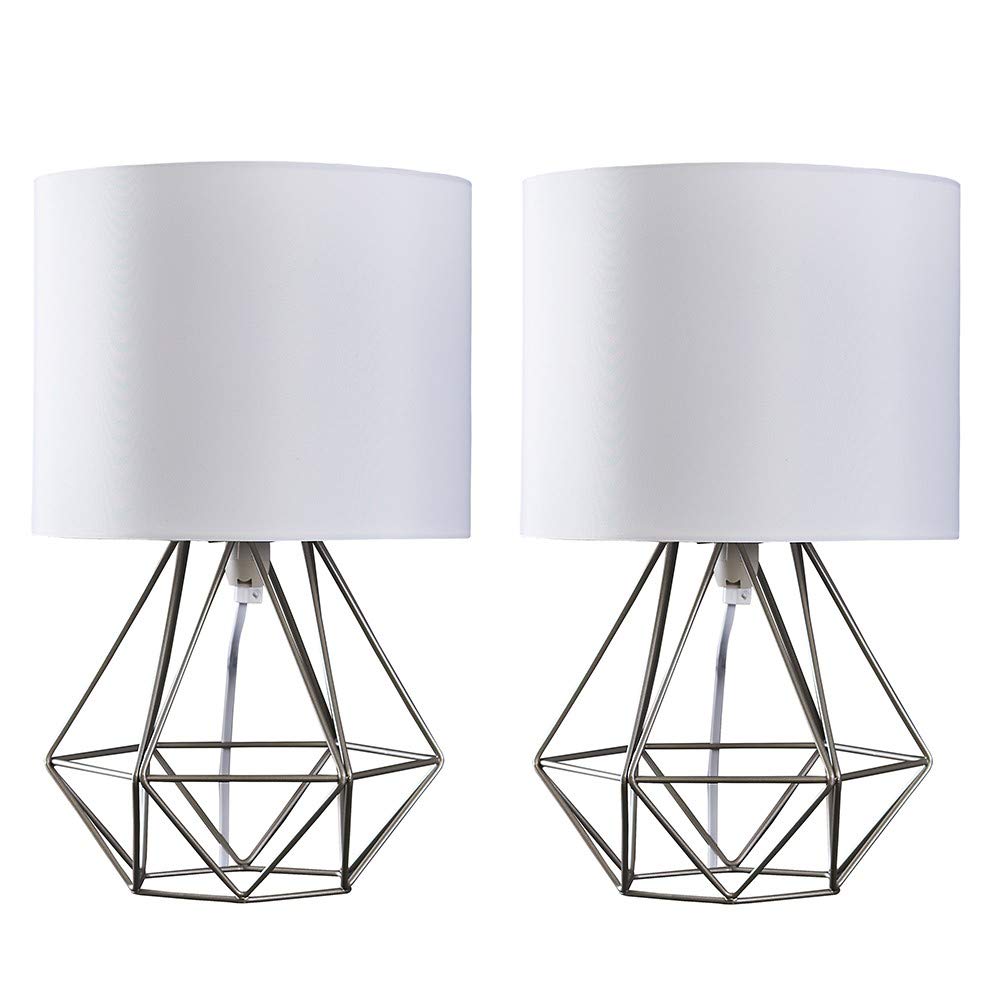 MiniSun | Modern Brushed Chrome Basket Table Lamps with White Fabric Shades | Table Lamps, Home Décor & Improvement Essential | Set of 2 | Includes 4W Bulbs [3000K Warm White]