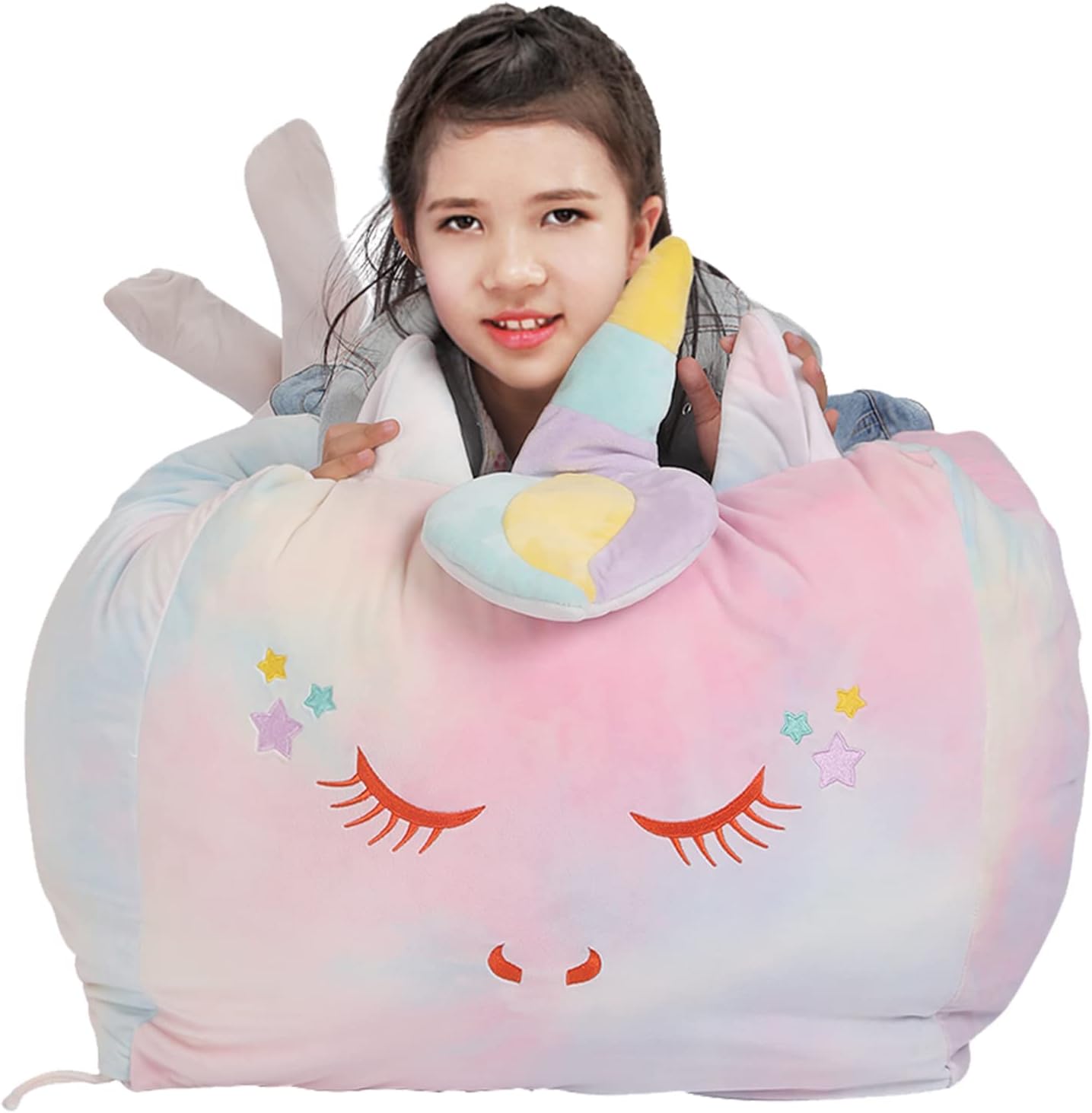 Unicorn Bean Bag Chair for Girls Bedroom, 18x18 Inch Velvet Extra Soft, Stuffed Animal Storage