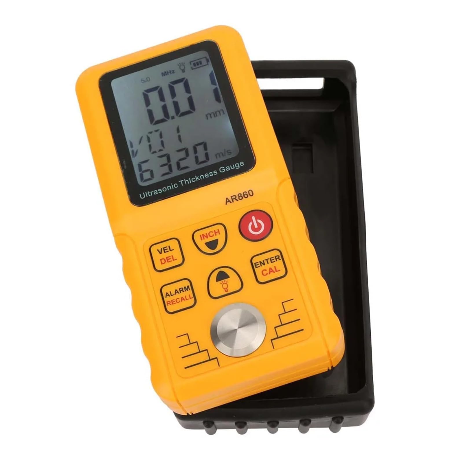 Medidor de espesor ultrasónico digital con rango de medición de 1,0 a 300,0 mm (acero) y velocidad del sonido. Para una variedad de materiales