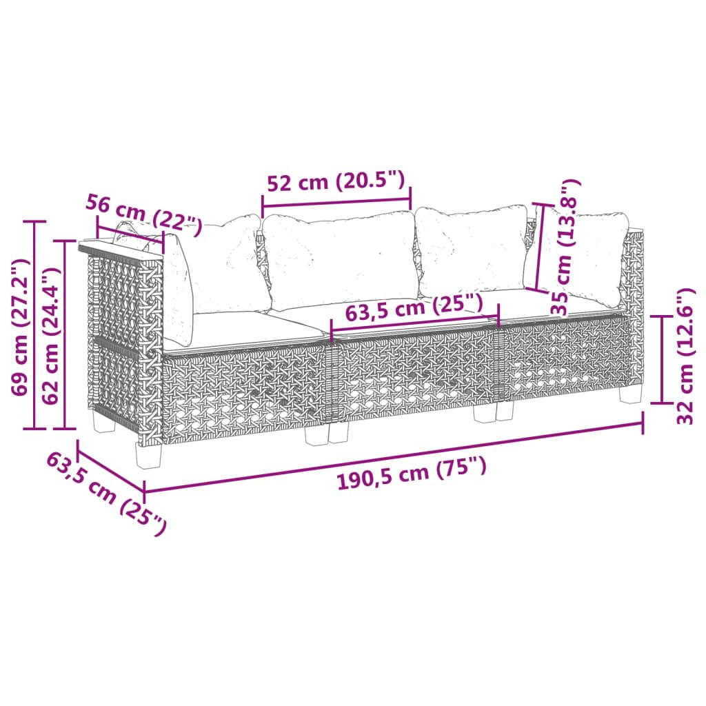 Canapé de jardin avec coussins 3 places beige résine tressée