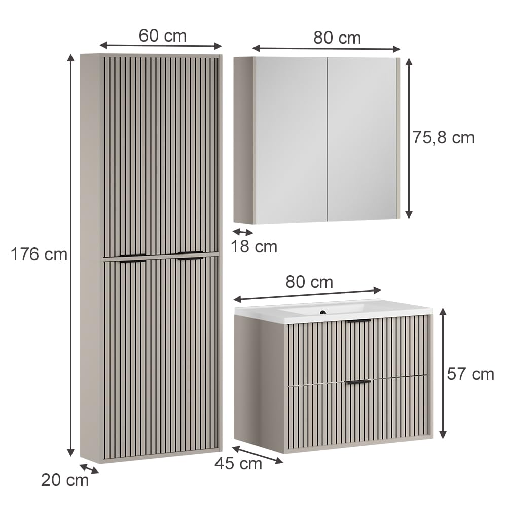 Vicco Badmöbel-Set Ruford, Cashmere, 80 cm, besteht aus Waschbeckenunterschrank inkl. Waschbecken, Midischrank und Badspiegel