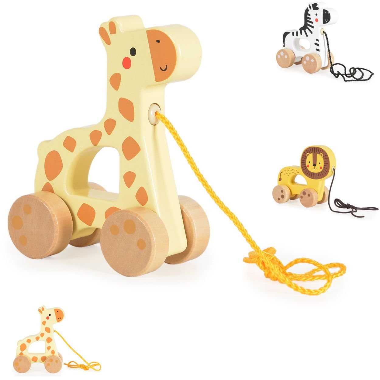 Tooky Toy Wooden Toy with 4 Wheels, Pull Cord, from 18 Months, Colour: Beige
