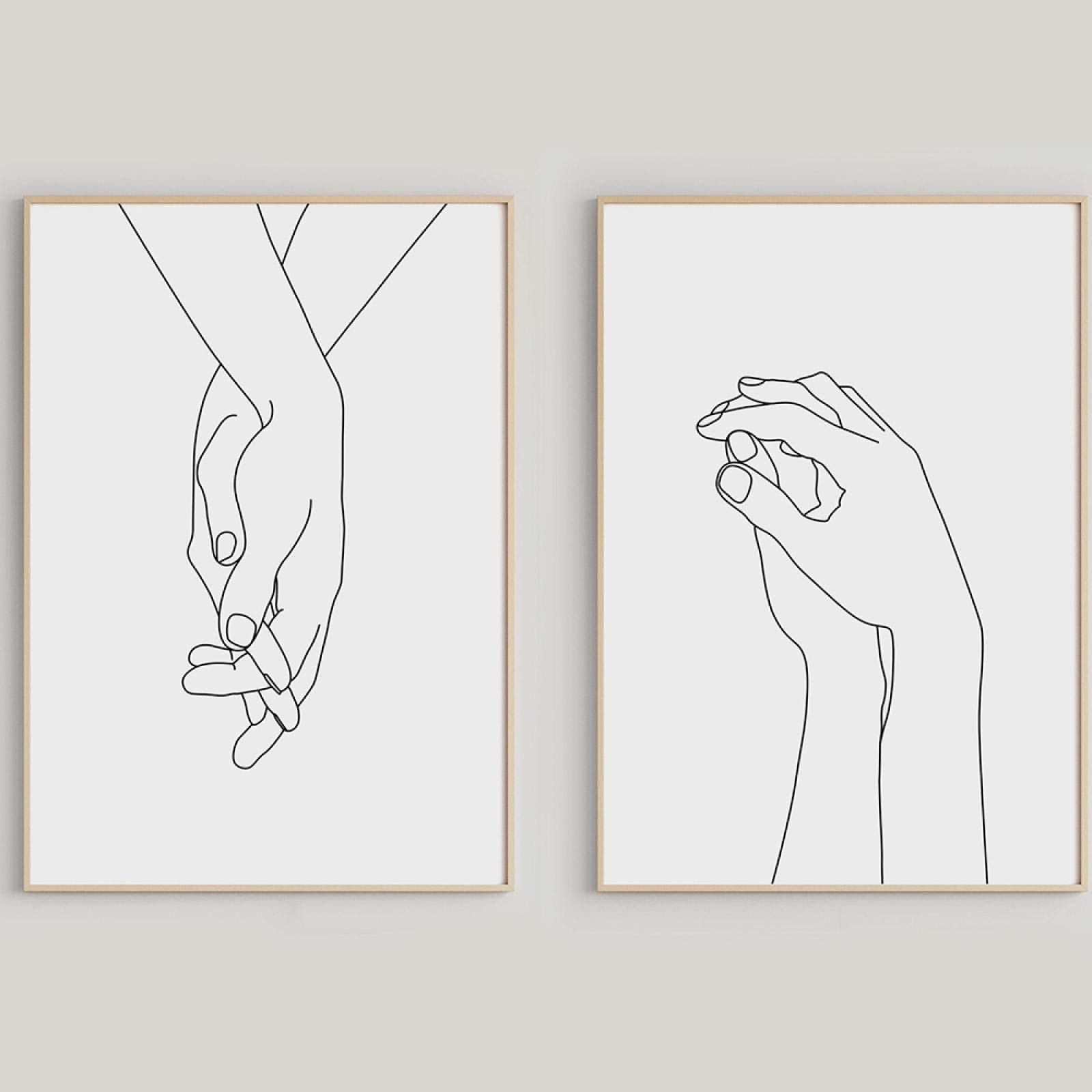 Pintura en lienzo Cartel nórdico Tomados de la mano Dibujo de línea negra Impresión artística Decoración de pared de guardería A4 Manos de pareja Arte de pared 50x75cmx2 Con marco