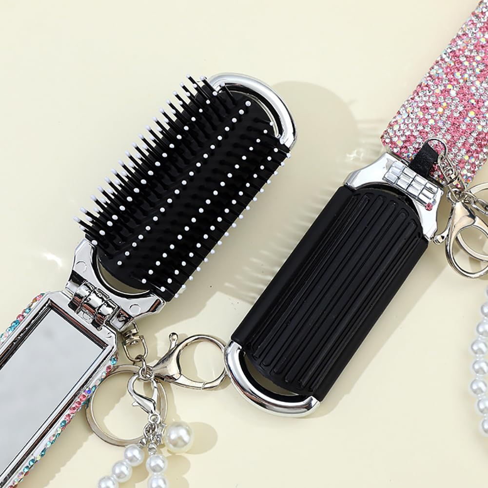 Bling Folding Hair Brush Keychain Rhinestone Pocket Hair Brush Keyring Mini Paddle Hair Massage Comb with Mirror for Women Girls Blue - Image 4