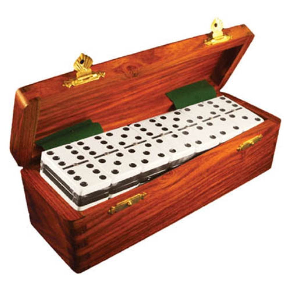 Marion Domino Double Six Two Tone Black & White Jumbo Tournament Professional Size with Spinners in Dovetail Sheesham Wood Box.