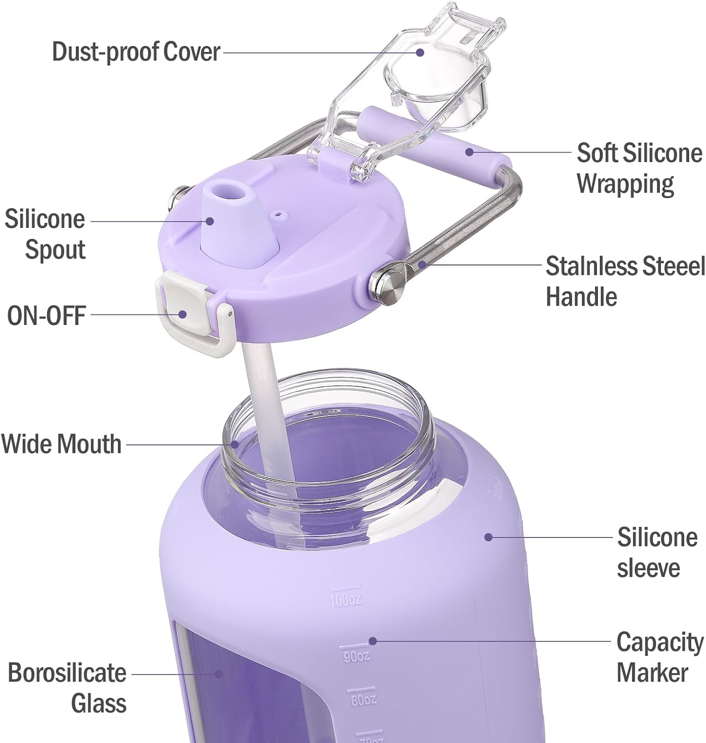 100 oz Glass Water Bottles with Straw, 3 Liter Gallon Drinking Bottle with Handle, Large Glass Water Jug with Silicone Sleeve for Gym Sports,Wide Mouth,Purple - Image 4