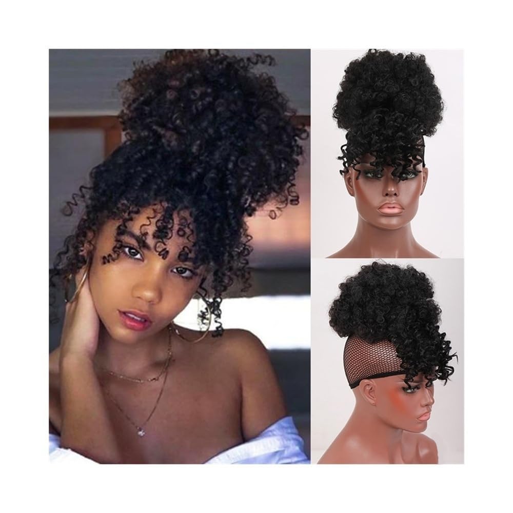 Lizhuzhuzs28 Women Afro Curly Hair Chignon With Bangs Synthetic Kinky Drawstring Ponytail Clip In Extension Daily(1B)
