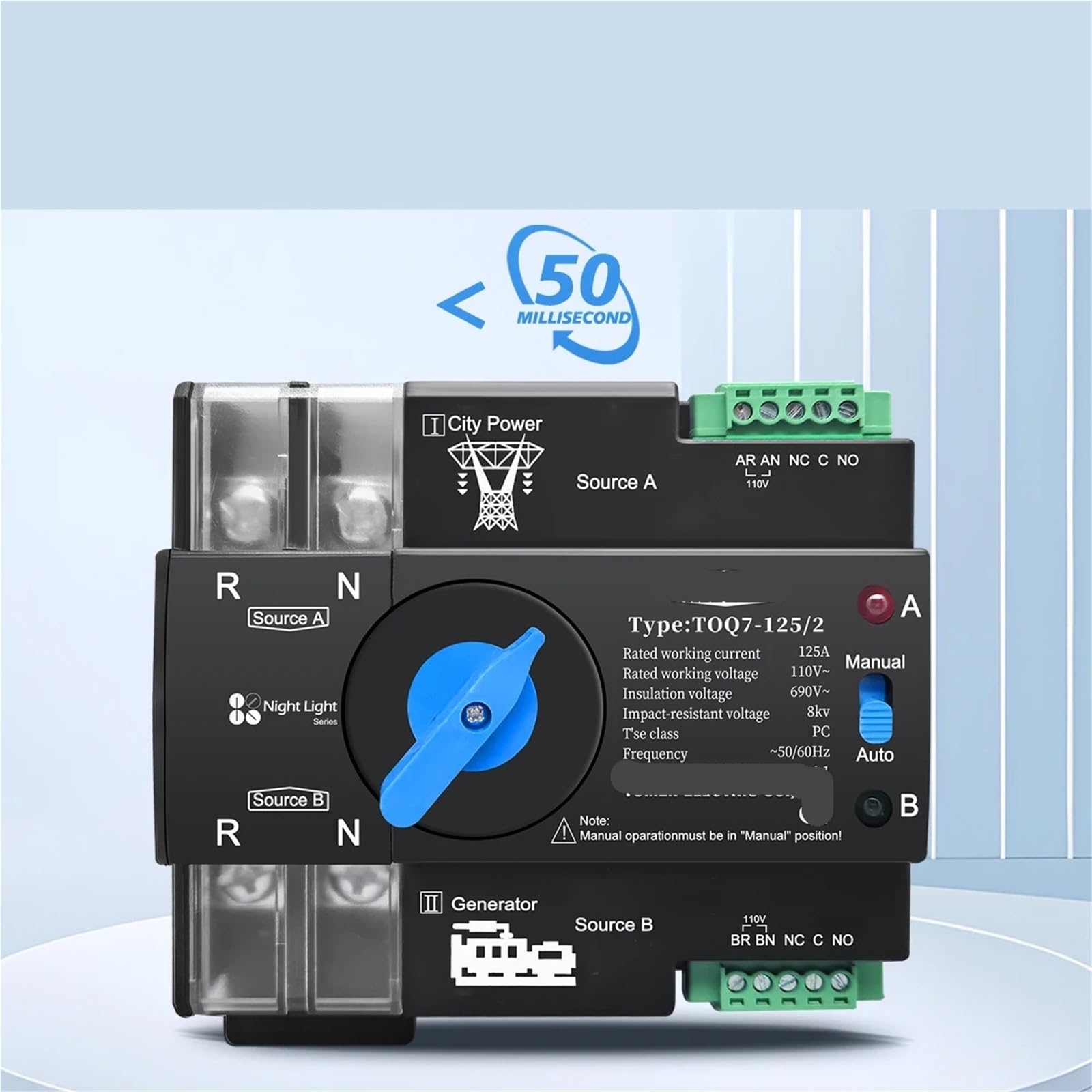 Interruttore selettore elettrico automatico a doppia alimentazione 110V 120V senza interruzioni 2P 63A 100A 125A 1 pz(100A)