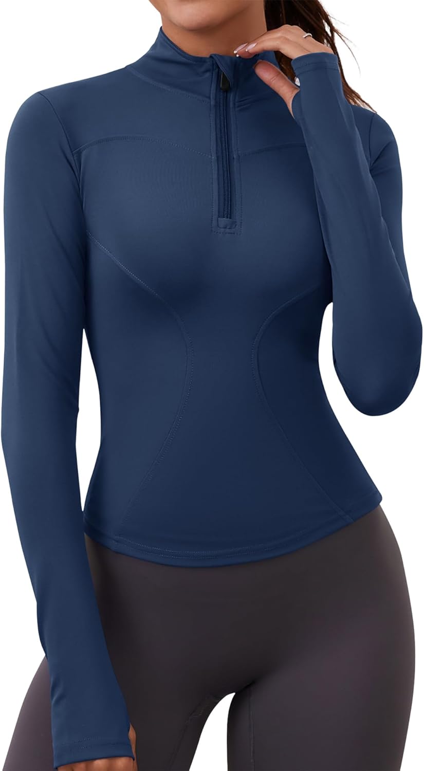 iWoo Gym Top Long Sleeve Womens Half Zip Sweatshirts Running Top 1/4 Zip up Base Layer with Thumb Holes Workout T-Shirt for Hiking Cycling iWoo Gym Top Long Sleeve Womens Half Zip Sweatshirts Running Top 1/4 Zip up Base Layer with Thumb Holes Workout T-Shirt for Hiking Cycling
