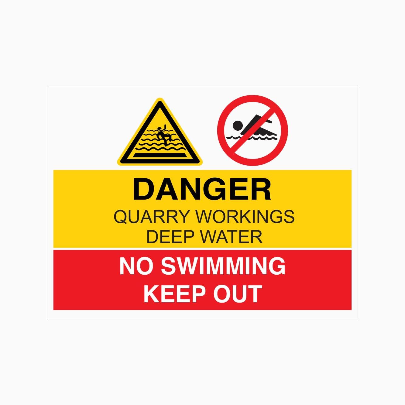 DANGER QUARRY WORKINGS DEEP WATER NO SWIMMING KEEP OUT Sign, 12x8 Metal Tin Sign, multi-warning for quarry deep water areas.