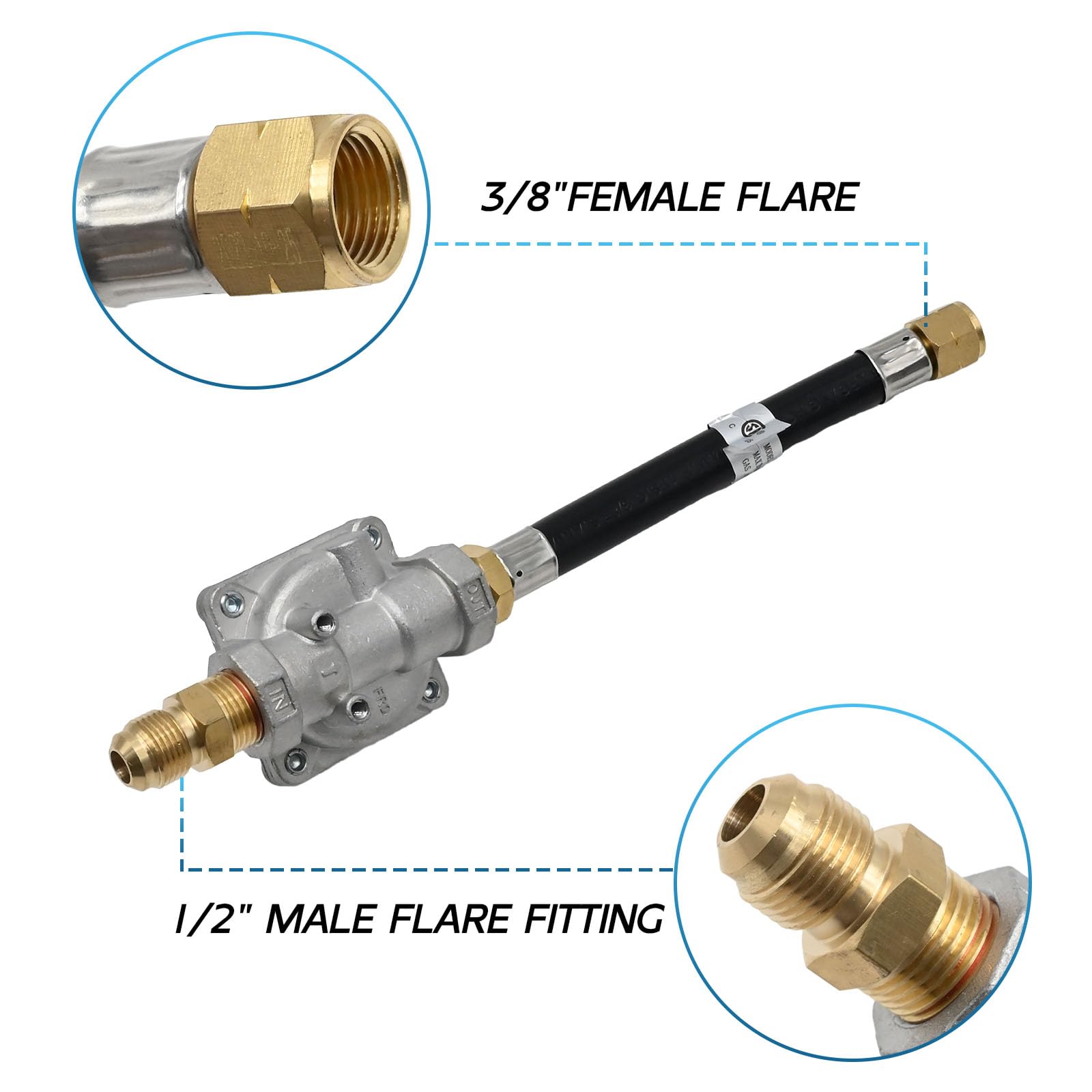 Regulador de presión de gas natural, presión de entrada de 1/2 PSIG y presión de salida de 10.2 cm, para parrilla, hoguera, estufa y más | Bengala macho de 1/2 pulgada x adaptador hembra de 3