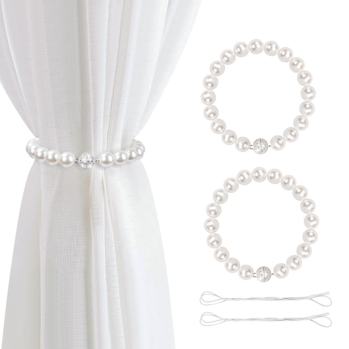 AULEEP Magnetic Curtain Tiebacks, 2 Pack Pearl Curtain Holdbacks Curtain Holders with Double Elastic Cord Drapes Modern Curtain Ties for Home, Office, Window Decoration(White)