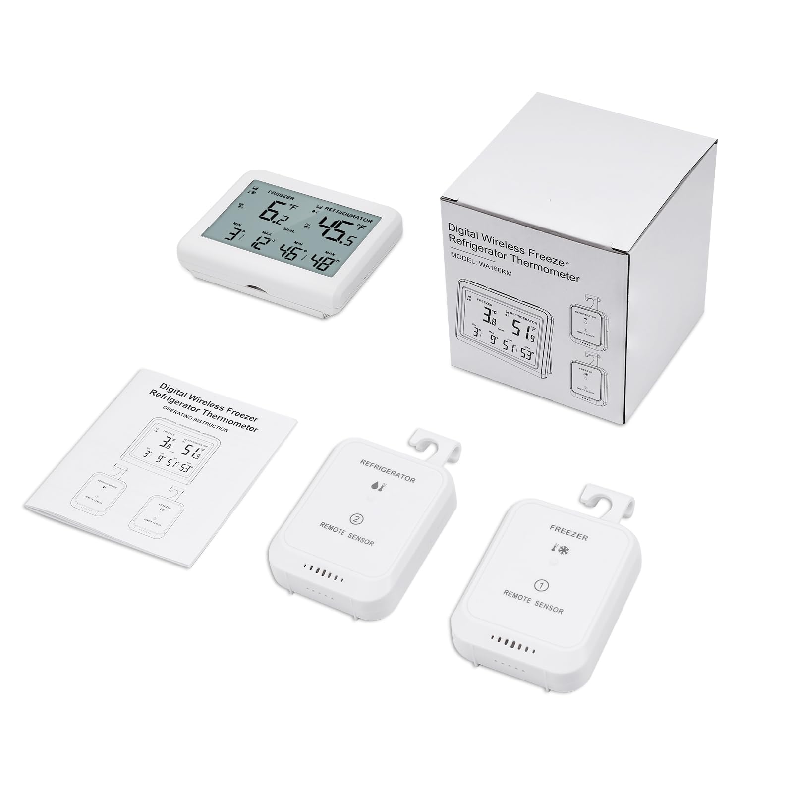 Termometro Frigo Termometro Congelatore con 2 Sensori, MIN/MAX, ℃/℉, Funzione Allarme, Allarme Congelatore, Termometro Frigorifero, Termometro Collegato per Casa, Cucina, Bar