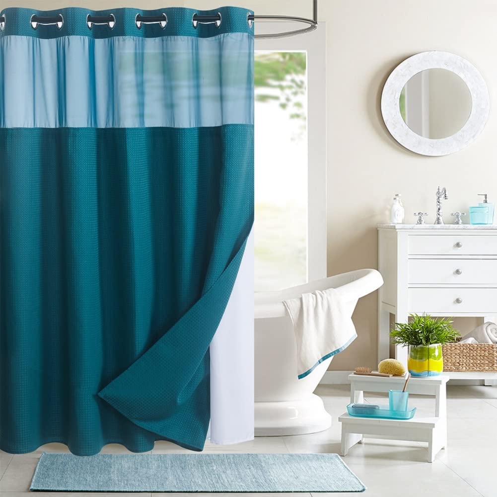 WPM - Cortina de Ducha con Forro a presión, diseño de Punto gofre, Estilo de Calidad hotelera, Impermeable y Lavable, Ventana Superior de Malla, fácil de Poner (72 x 74 Pulgadas con Forro, Verde