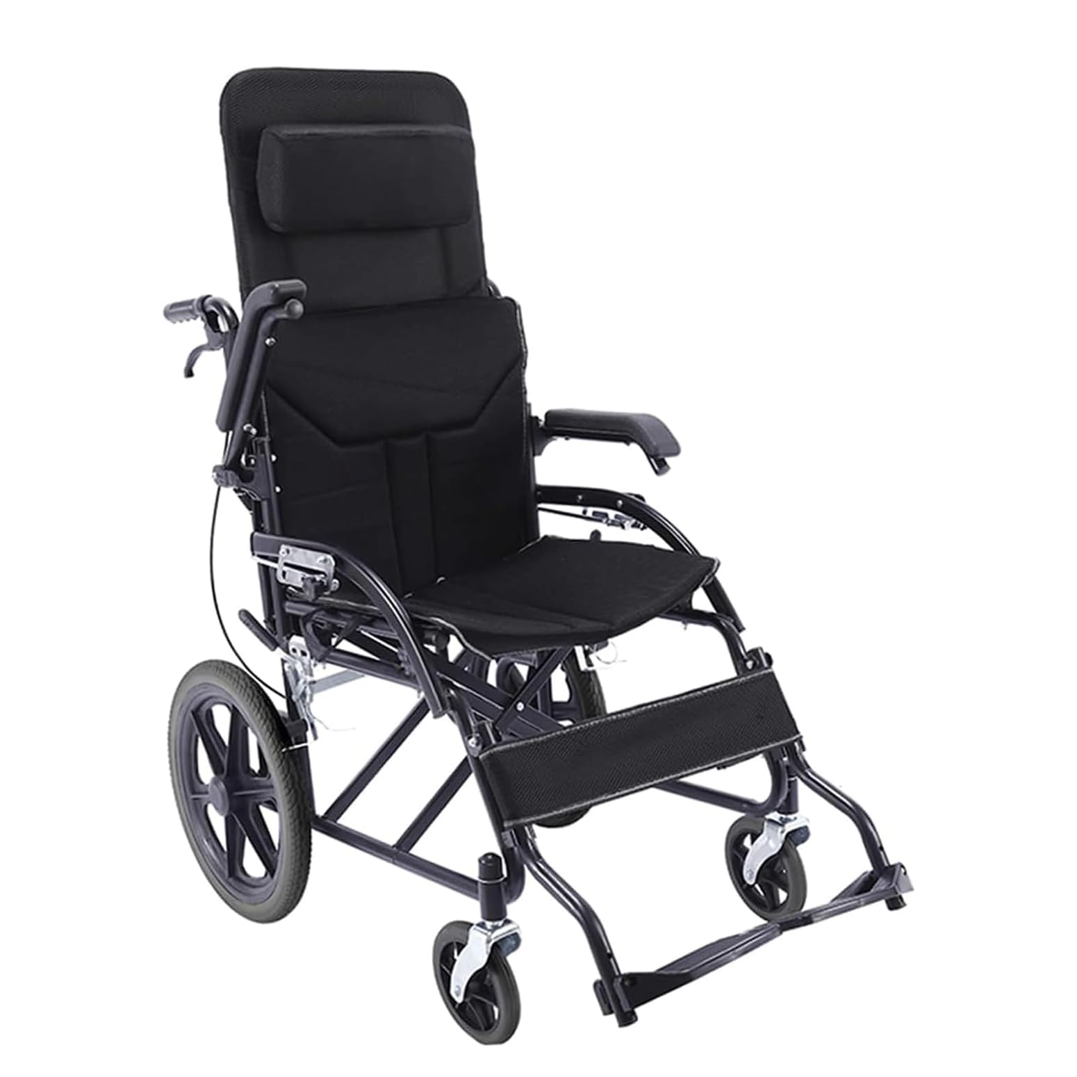 Faltbarer Karbonstahl Reise-Rollstuhl,3-stufig verstellbare Halbliege-Rückenlehne und Armlehnen,mit Doppelbremsen,Pannensichere Reifen,Kompakt Klapprollstuhl für Auto,220 Pfund Reiserollstuhl