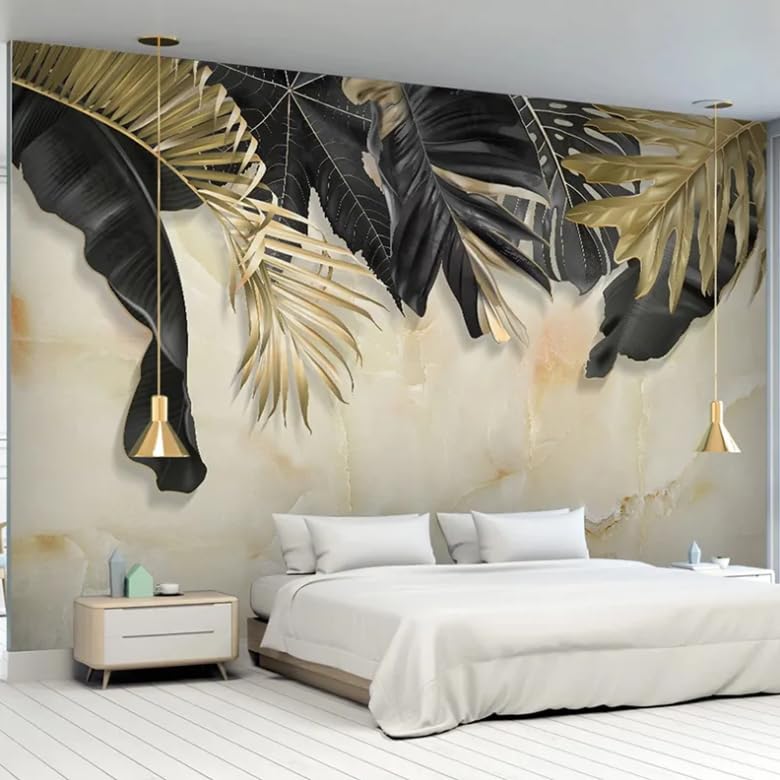 Papier peint trompe l'œil 3D marbre noir feuille d'or pour agrandir salon et chambre sombre
