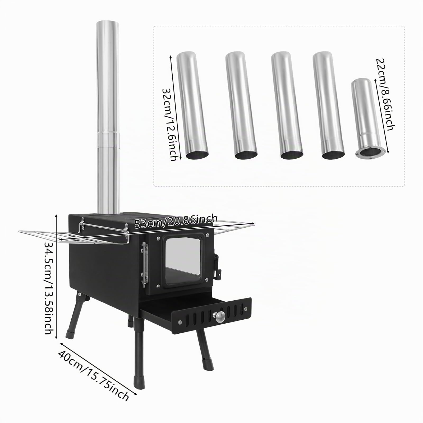Poêle de tente de camping, poêle à bois pliable pour tente, poêle à bois portable avec 5 tuyaux de cheminée et bac de récupération des cendres pour le camping en tente, chauffage extérieur, pêche sur