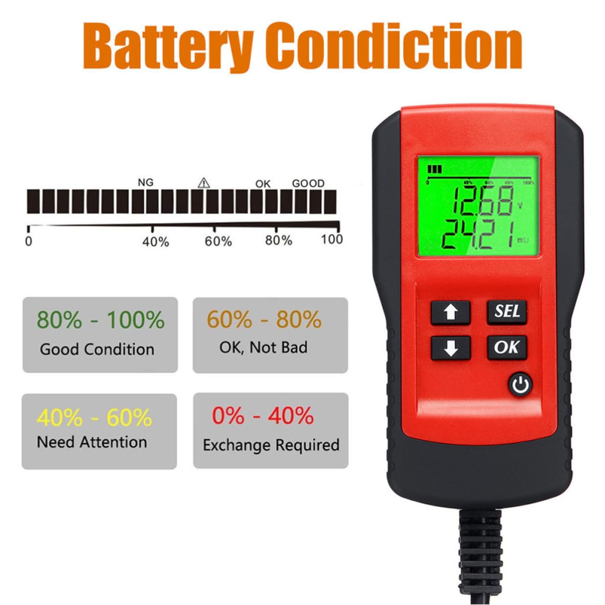 Analizzatore di Batterie per Auto Compatto Display LCD, Tester per Batterie 12V per Auto, Camion e Moto, Strumento Diagnostico per Officine Automotive