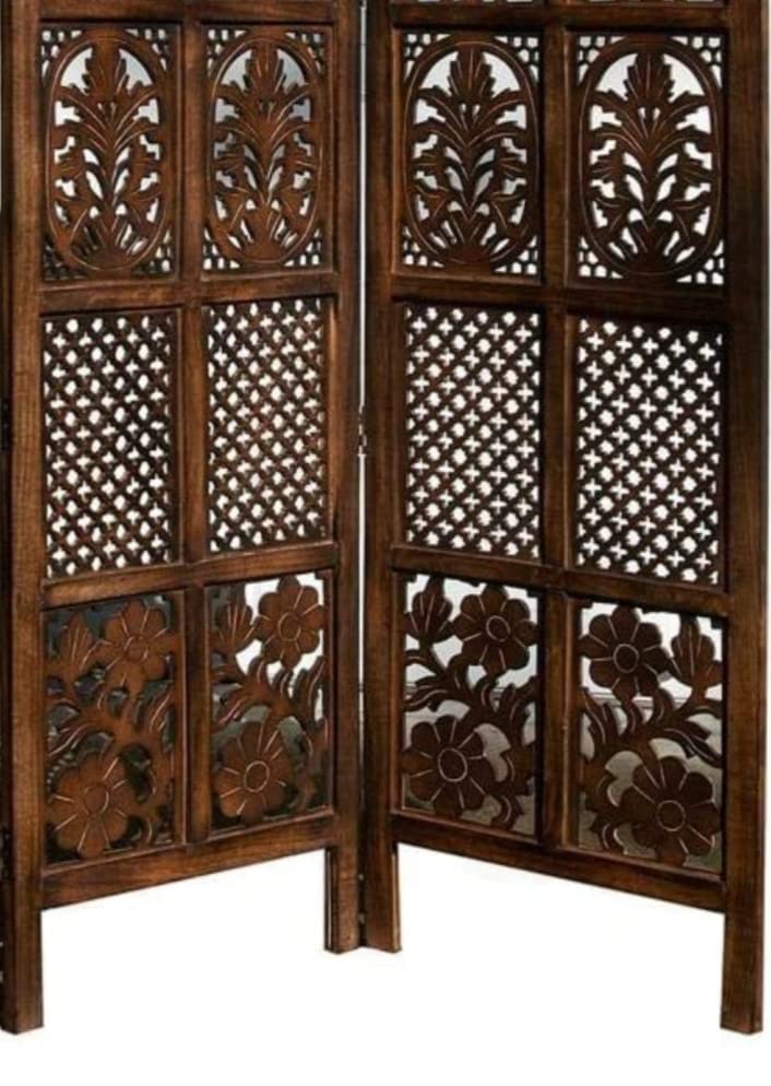 Image of THEHEARTWILL Partition Wall Divider | Wooden Partition for Hall, Living Room, Open Kitchen & Pooja Room | Room Divider 3 Panel | Room Separator (Brown-x3)