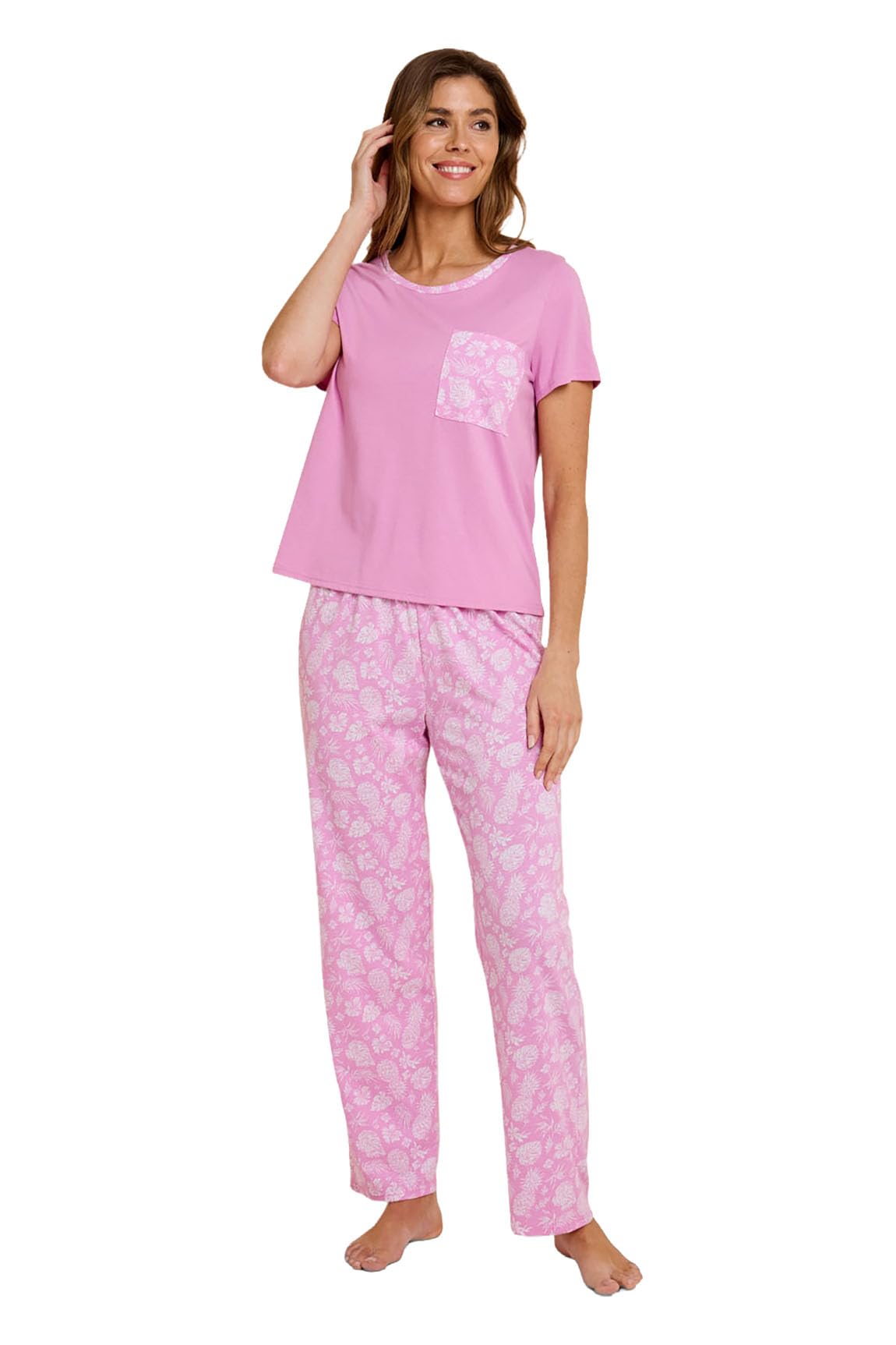 Chums Ladies Pineapple Print Jersey Pyjama Set, Cotton PJs with Short Sleeve Top and Elasticated Stretchy Waist Bottoms, Cotton Rich Nightwear Pink 12-14