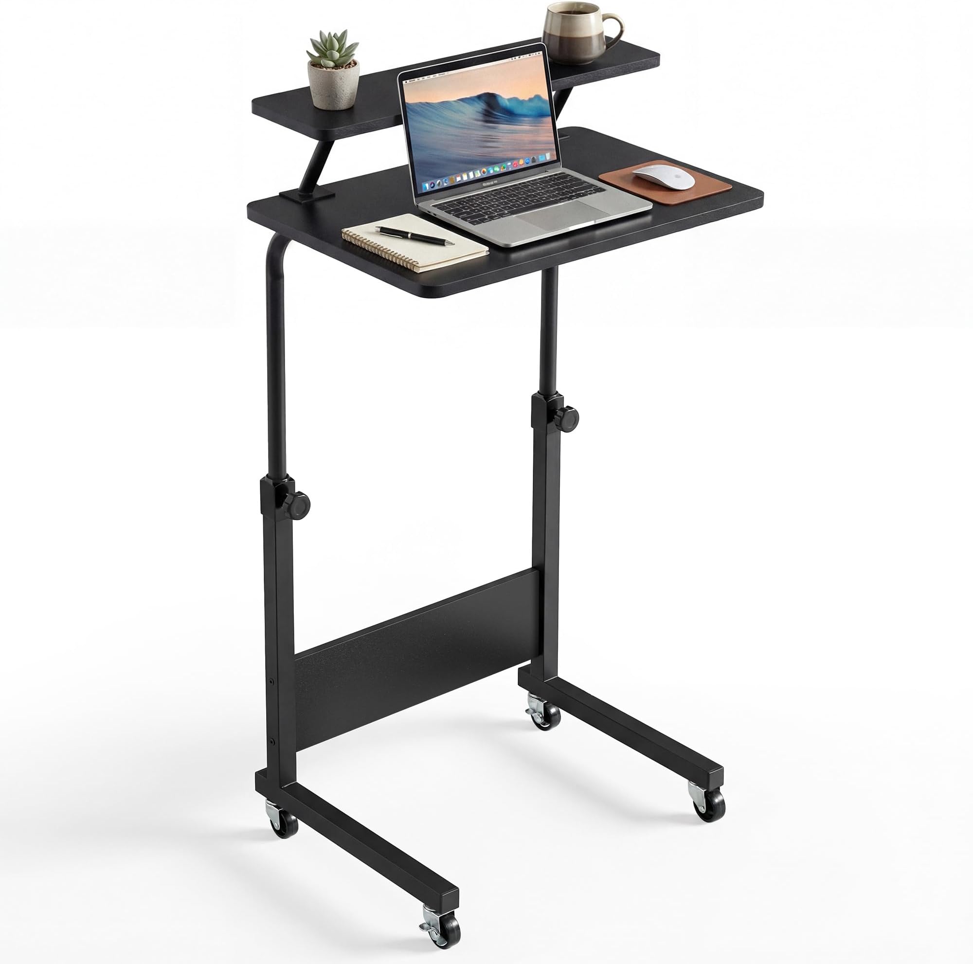YITAHOME Height Adjustable Desk with Wheels, Small Computer Desk, Portable Home Office Desk with Storage Shelf for Small Spaces, Bedroom, Over Bed Table, Black
