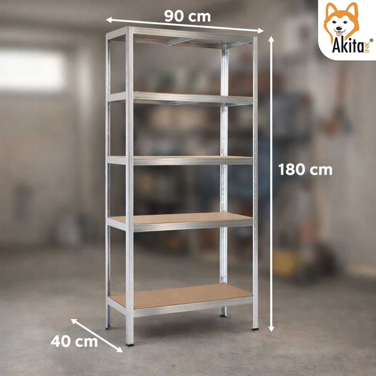 AKITAInk Scaffale in Metallo Zincato 180×90×40 cm, 5 Ripiani in MDF, Portata 175 kg/Ripiano - Singolo o Set 2 Pezzi (1)