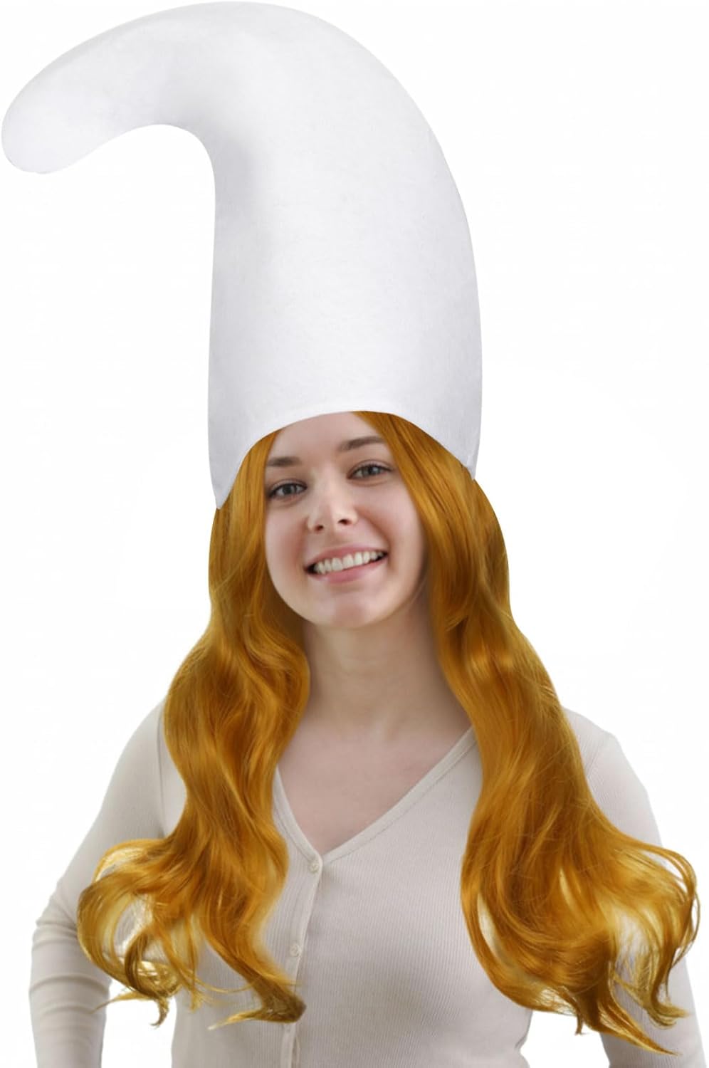 2 Sets Halloween Costume Accessory Women Long Yellow Wavy Wig and White Felt Hat Fluffy Curly Anime Cosplay Hair for Fairy Tale Cosplay Halloween Carnival Party Outfit Accessory