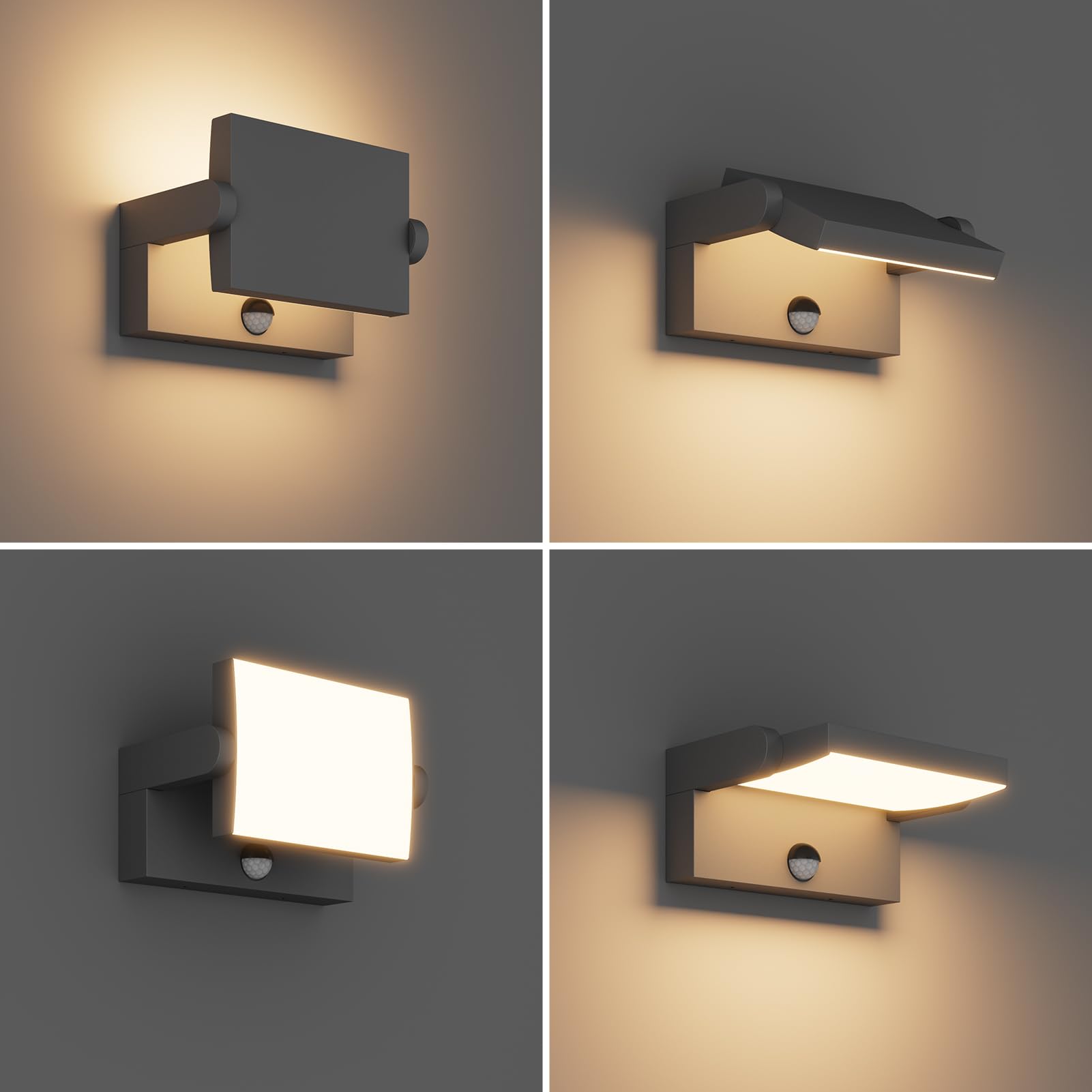 Klighten Zewnętrzna lampa ścienna LED, 24 W, z czujnikiem ruchu, IP65, lampa ścienna do użytku wewnątrz i na zewnątrz, z panelem wychylnym, lampa zewnętrzna do ogrodu, korytarza, ciemnoszara, ciepła