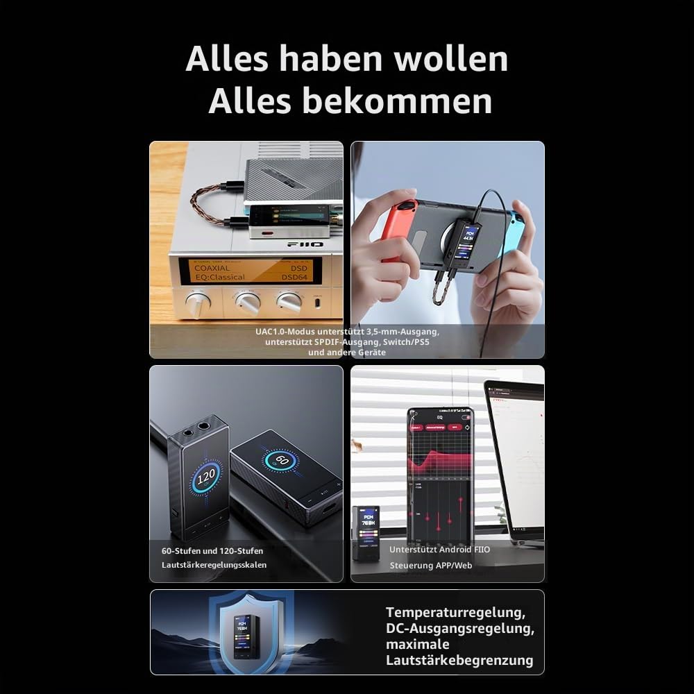 FiiO QX13 tragbarer DAC-Verstärker, ES9027PRO 8-Ch DAC, 900 mW × 2, XMOS 16-Core, 10-Band EQ, Kohlefaser-Körper, Farbdisplay (schwarz)