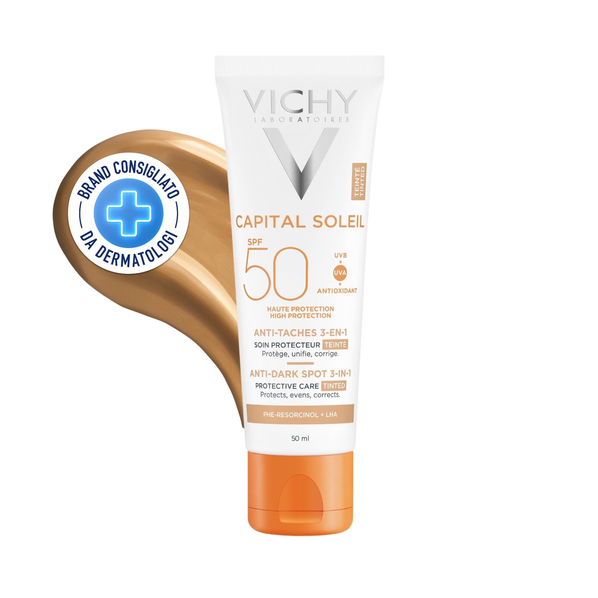 Vichy Capital Soleil, Trattamento Anti-macchie Colorato 3 in 1 SPF50+, Per Tutti i Tipi di Pelle, Alta Protezione e Macchie Ridotte, Con Phe-Resorcinolo e Acqua Vulcanica di Vichy, 50 ml