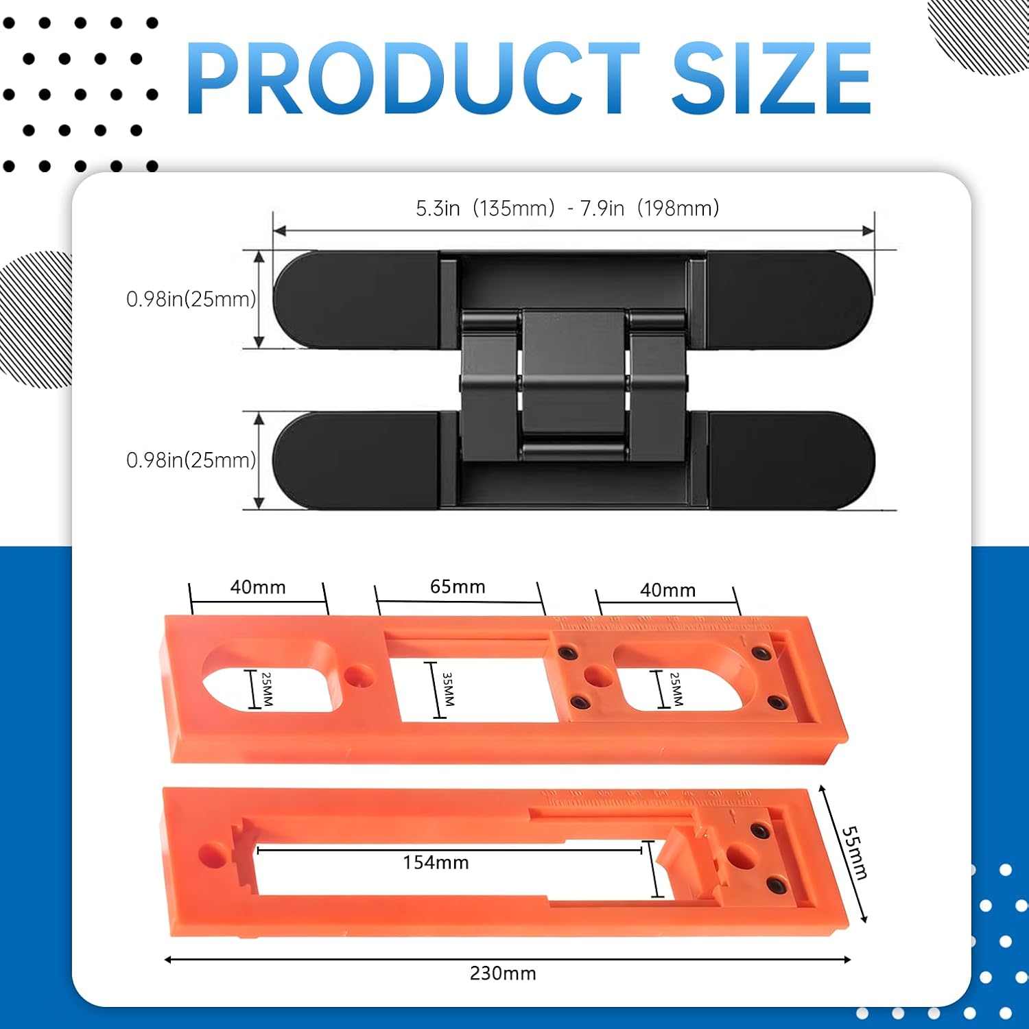 Concealed Door Hinge Installation Kit with Guide Template Jig - | Dedicated Slotting Guide for 5.3-7.8 Inch Door Hinges, 0.98" Width. Lightweight, Design for Furniture Hardware (Orange)